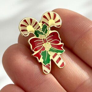Gold Toned Bowtie Crossed Candy Cane Christmas Holiday Brooch Pin